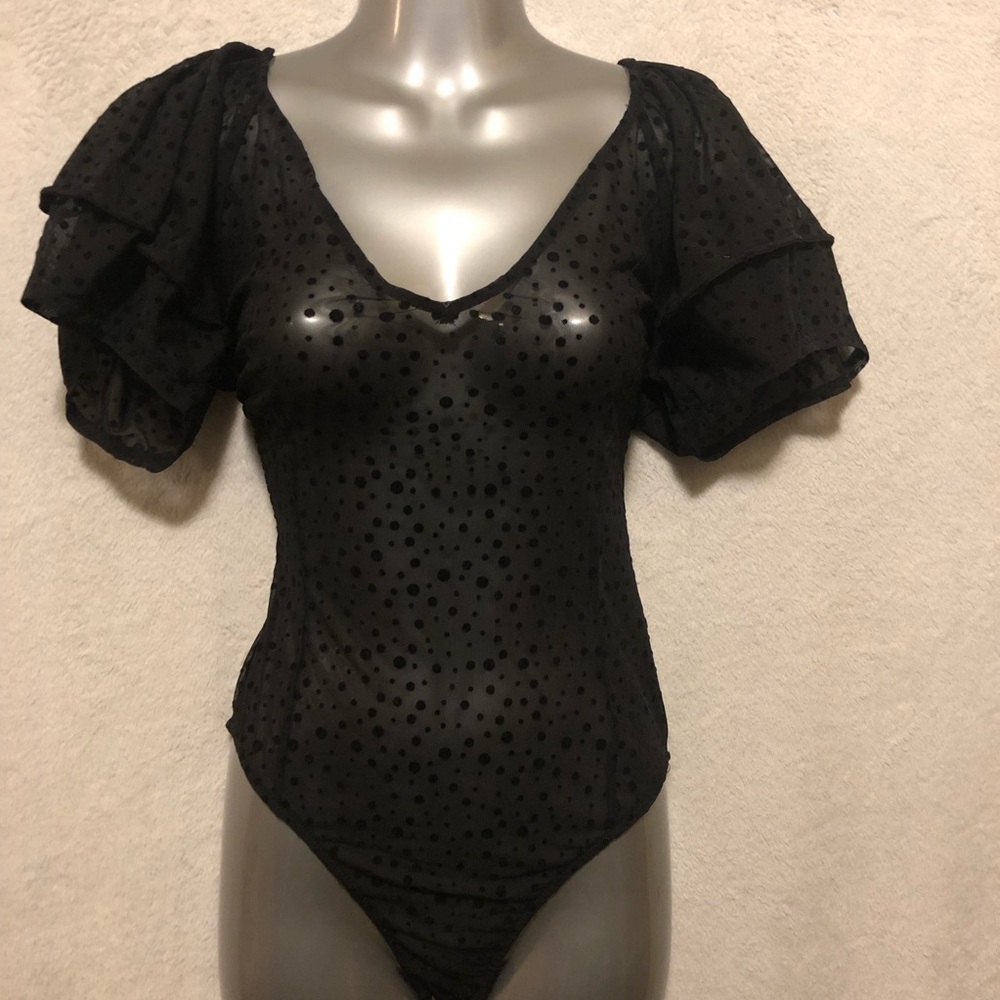 Zara black bodysuit with sheer floral puff sleeves size Large